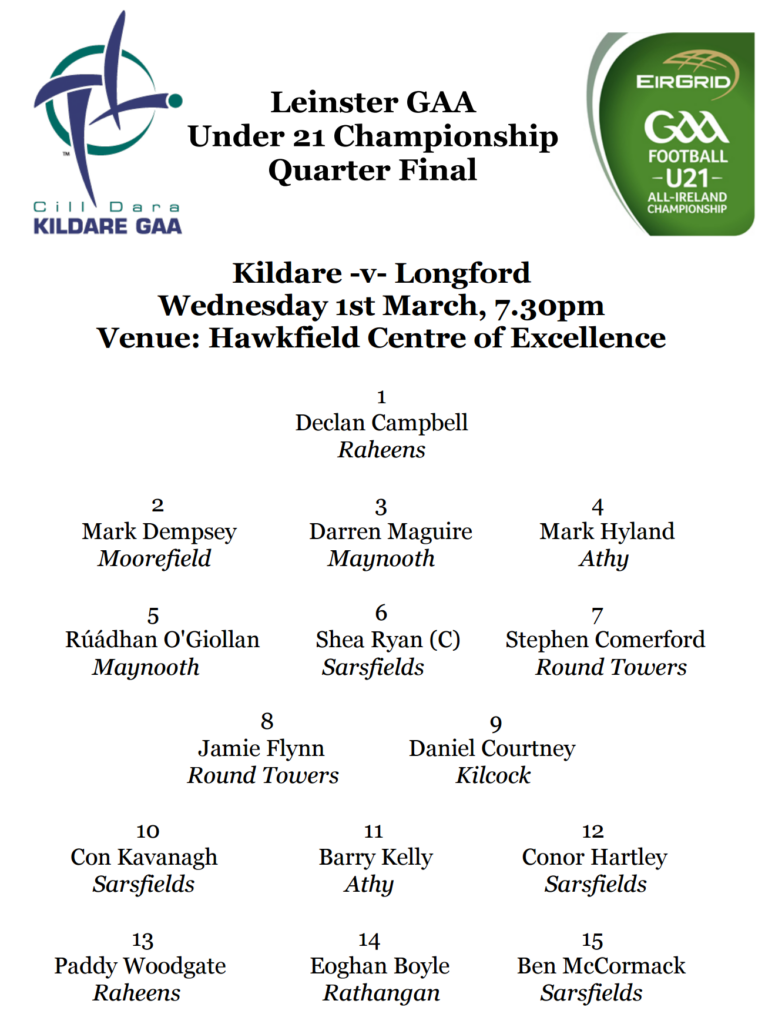Under 21 Championship Team News – Kildare v Longford