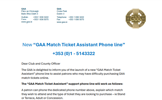 New GAA Match Ticket Assistant Phone Line + 353 (0)1 – 514 3322