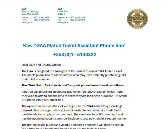 New GAA Match Ticket Assistant Phone Line + 353 (0)1 – 514 3322
